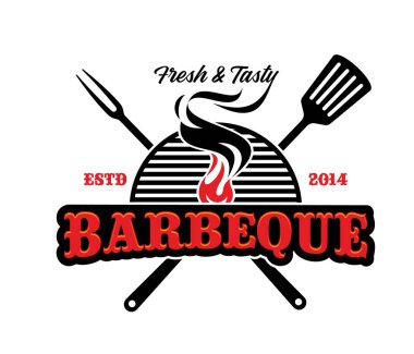 Barbekü restoranının menü sembolü ya da simgesi. Restoran ızgarası menü vektör işareti, et lokantası et sembolü. Kasap pazarı veya çiftlik dükkanı BBQ ürün simgesi veya alev ızgara çatalı ve spatula ile amblem