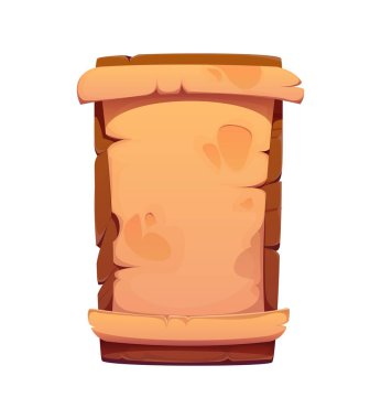 Çizgi film korsan tabelaları, eski parşömenden yapılmış, kıvrımlı kenarları ve ahşap bir tahtanın üzerinde yıpranmış bir dokusu olan dikey parşömen. Fantezi oyunları, antik mesajlar veya macera haritaları için vektör çerçevesi