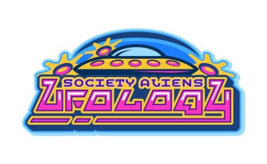 Uzaylı Ufolojisi Y2K simgesi ya da sembolü. Galaksi dünya dışı yaşam UFO Y2K vektör işareti, uzay istilacısı vintage simgesi. Uçan daire ve soyut fütüristik pembe tipografi ile SCI-FI amblemi