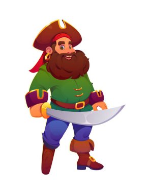 Çizgi film korsanı ve çalı sakallı korsan karakteri, bandanalı tricorn şapka, altın küpe, tahta bacak ve kılıç. Komik vektör neşeli kaptan kişiliği, neşeli gülüşü ve havalı havası olan.