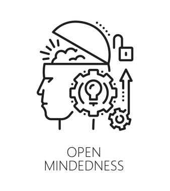 Açık fikirli yaşam becerileri çizgisi simgesi ya da işareti. İnsanlar potansiyel vektör sembolü, kişisel kalite işareti. Kişilik açık fikirlilik ya da insan kafası, beyin ve çark ile yaşam becerisi piktogramı