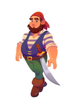 Korsan gemi mürettebatı çizgi film karakteri kırmızı bandanalı, çizgili gömlekli ve kavisli kılıçlı. Neşeli, dost canlısı ve maceraperest denizci açık denizlere eğlence ve hazine avına hazır.