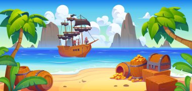 Hazine adası yakınlarındaki ahşap korsan gemisi, tropik sahil manzarası. Karikatür vektör macera sahnesi yelkenli gemi, korsajlar, palmiye ağaçları, fıçılardan ve göğüsten dökülen altın paralar