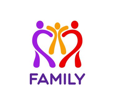 Aile ve bağış simgesi veya amblemi. Yardım vakfı veya sendika vektör amblemi, aile ve ebeveynlik sembolü. Ebeveynler ve çocuk soyut renkli figürlere sahip halk toplumsal grafik işareti veya simgesi