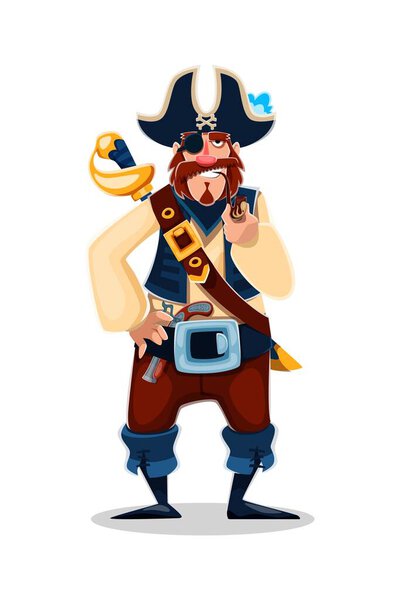 Cartoon pirate corsair character, danger skipper confidently puffs on a curling smoking pipe. Isolated vector filibuster nautical personage wearing a captain hat, armed with a saber and pistol gun