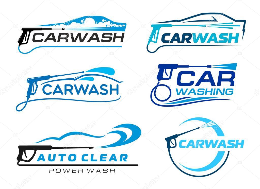 Car washing service icons of auto vector silhouettes with pressure washer gun, foam bubbles, water waves and drops, blue splashes and circle frames. Automobile, car or auto wash service symbols set