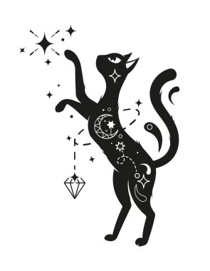 Arka ayakları üzerinde duran kara büyü kedisi. Üzerinde gök sembolleri ve elementler var. Yıldızlar ve yüzen elmaslarla çevrili vektör kedi silueti mistik, büyülü, ruhani aura yayar.