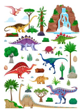Dinozorlar, karakterler ve bitkilerle dolu tarih öncesi bir manzara. Vektör jürasik sürüngenler ve dinazor yumurtaları, orman ağaçları ve şelale. Karikatür diplodocus, Pteranodon ve Stegosaurus dinozorları