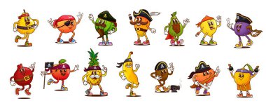 Çizgi film korsanı ve siyah şapkalı, bandanalı ve göz bantlı korsan meyve karakterleri. Tatlı mango, elma, şeftali, erik, nefis kivi ve limondan oluşan eski hippi korsan vektör kişilikleri.