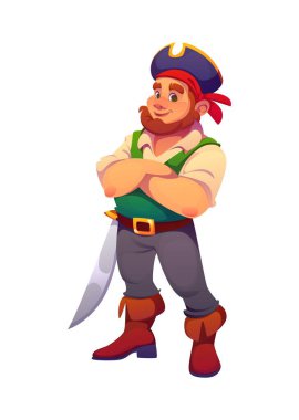 Ortaçağ korsanı ve Sabre 'lı korsan karakteri. İzole edilmiş vektör sakallı denizci ya da yüzbaşı gülümseyen, tricorn şapkalı ve bandanalı, çapraz kollu ve parlak kılıçlı