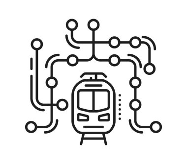 Tren yolu ve tren yolu ikonu ya da metro haritası ve istasyon haritası, vektör piktogram. Şehir içi yolcu taşımacılığı için metro, yeraltı ve tramvay istasyonlarının sembolü