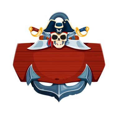 Karayip korsanları oyunu, Corsair 'in kaptanı tricorne şapka ve çapa, vektör karikatür ikonu. Karayip korsanları macera oyunu. İskelet kafatası Bandana 'da. Tahta levhada çapraz kılıç var.