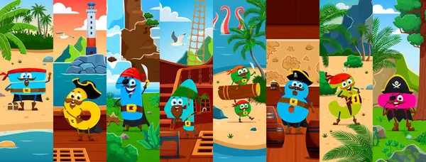 Çizgi film komik matematik numarası korsan korsan karakter kolajı. Gösteriş budalası gibi giyinmiş çocuklar için eğlenceli ve eğitici sahneler tropikal adaları, hazine haritalarını ve gemileri keşfediyor.