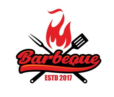 Barbekü restoranı, ızgara menü ikonu ya da sembol. Restoran barbekü yemek menüsü vektör sembolü veya simgesi. Et çiftliği ya da kasap dükkanı tabelası, ızgarada ateş, spatula ve çatal amblemi.