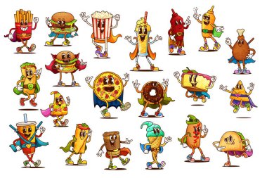 Çizgi film, hippi burger, pizza, sosisli sandviç, kahve ve gazoz karakterlerinin harika fast food karakterleri. Psikedelik hazır hamburger, burrito, taco ve nacho. Fast food dondurma, çörek, patlamış mısır.