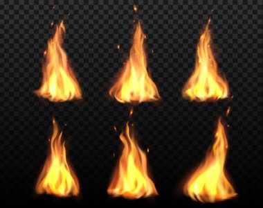 Gerçekçi şenlik ateşi ve kamp ateşi, 3D vektörü ile parlayan şömine efektleri, kıvılcımlar ve dumanlar uçuşuyor. Sarı şenlik ateşi ya da şeffaf arka planda izole edilmiş kamp ateşi