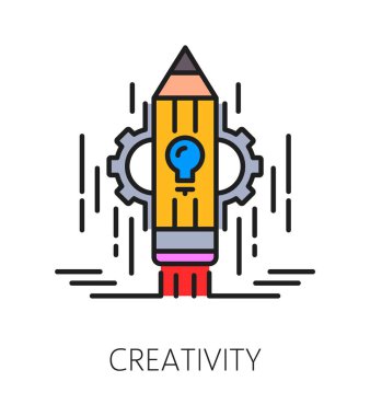 Yaratıcılık yaşam becerisi renk çizgisi simgesi ya da sembol. Kişilik yaşam becerisi çizgisel vektör işareti, insan kalitesi sembolü. İnsanların yaratıcılık yeteneği, kalem, roket çıkarma, fikir ampulü.