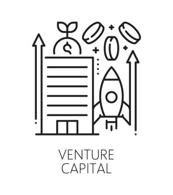 Yatırım girişimi sermayesi, iş hattı simgesi ya da imza. Borsa ticaret başlangıç vektör simgesi, yatırımcı fonu piktogramı. Sermaye Yatırım Şirketi sembolü gökdelen binası, roket uzay gemisi
