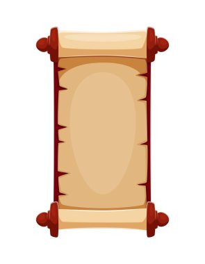 Klasik ortaçağ el yazması parşömen parşömeni Karayip korsanları ya da Corsairs oyun ikonu. Çizgi film vektörü boş parşömen, ahşap rulo ve boş eski kağıt merkezi, hazine haritası ya da davetiye pankartı