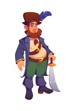 Korsan gemi mürettebatı çizgi film karakteri neşeli bir ifadesi ve örgülü sakalı var. Mavi ceketli, yeşil pantolonlu, tüylü şapkalı ve çizmeli korsair şahıs eğri bir kılıç tutuyor. Komik eski deniz soyguncusu