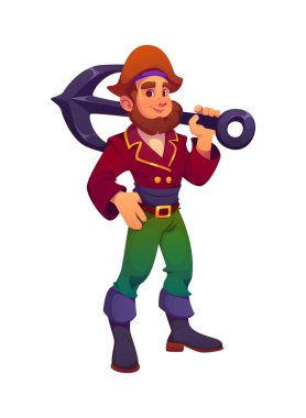 Karikatür ortaçağ korsanı ve büyük çapa ve tricorn şapkalı korsan karakteri. Sakallı ve dost canlısı, omuzlarında ağır silahlarla duran vektör erkek denizci ya da kaptan.
