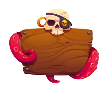 Karayipli korsan ve korsan oyun ikonu ve altın küpeli, pembe ahtapot dokunaçlarıyla çevrili kafatası takan ahşap bir tabela. Oyun macerası için vektör ui pankartı