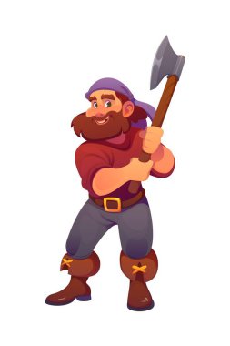 Çizgi film korsanı, oduncu gemi mürettebatı, elinde büyük bir balta tutuyor. Geleneksel bandana giymiş vektör deniz korsairleri, balta ile güçlü ve cesur bir poz veriyor, denizcilik macerasına hazır.