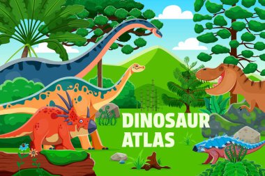Tarih öncesi dinozorlar, karikatür dino hayvanlarıyla kaplı bir kitap kaplama şablonu. Tarih öncesi orman manzarasındaki komik jurasik tyrannosaurus, styracosaurus ve shunosaurus dinozor karakterleri.