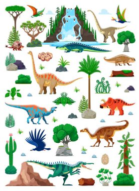 Tarih öncesi çağ bitkileri ve dinozor karakterleri, dinazor yumurtaları, şelale ve orman ağaçları. Vektör brachiosaurus, plateosaurus, sarcosuchus, iguanodon ve arrhinoceratops dinozor sürüngenleri.