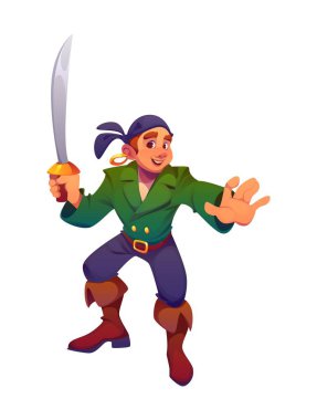 Karikatür ortaçağ korsanı ve dinamik duruşu olan korsan çocuk kıvrımlı bir kılıç kullanıyor ve güvenle gülümsüyor. Vector Rover maceraperest kişisi yeşil ceket ve bandana ile hazine avlıyor.