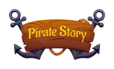 Çizgi film Karayip korsanları oyun ikonu ya da korsan bayrağı, vektör gemi çapaları. Karayip korsanlarının hikayesi ve rozetiyle yelkenli ahşap kalas, demirleme halatı ve korsan macerası için çapalar.