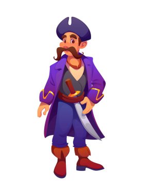 Karikatür ortaçağ korsanı ve korsan şapkalı karakter. İzole edilmiş vektör, bıyıklı ve kılıçlı deniz gezgini şahsiyeti. Deniz maceraları ve gizemli hazine avlarına hazır.