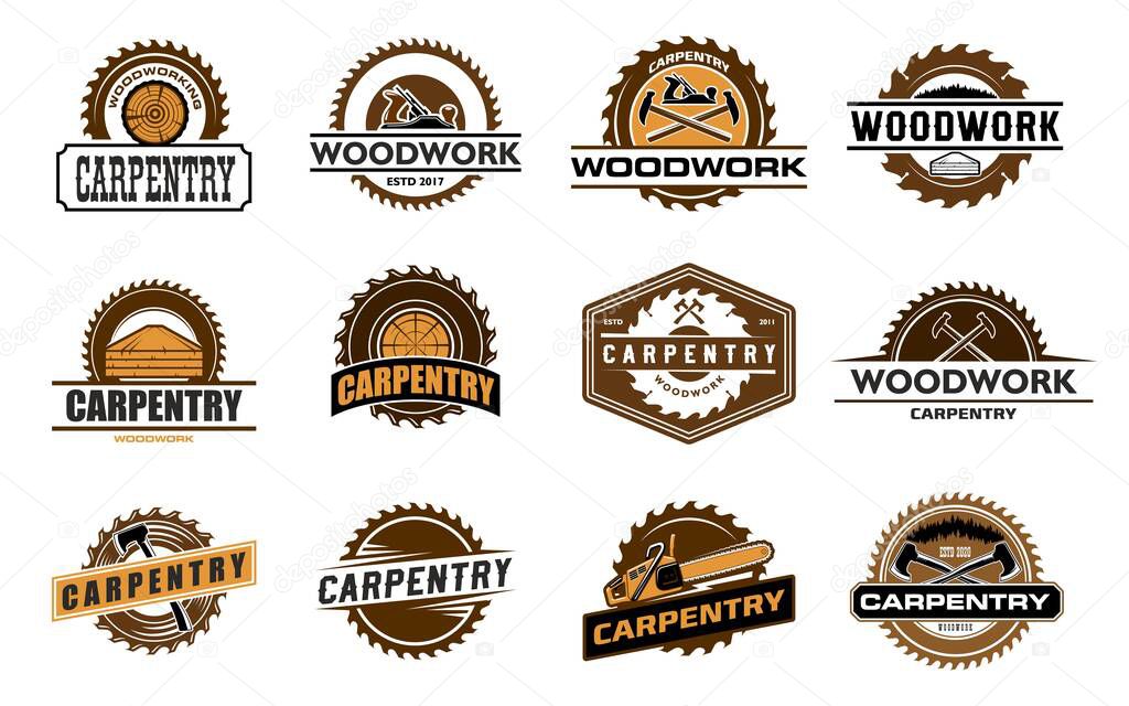 Carpentry woodwork icons with wood and carpentry work tools, vector construction and timber industry. Saw blade brown badges with handyman hammers, tree boards and planes, axes and jack planes