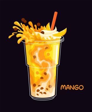 Meyve dilimleri, çırpılmış krema ve dinamik parlak su sıçrama efektiyle berrak bir fincanda mango sütlü çay bardağı. Ferahlatıcı içecek tapyoka incileri ve saman içerir, tatlı, tropikal bir titreşim uyandırır.