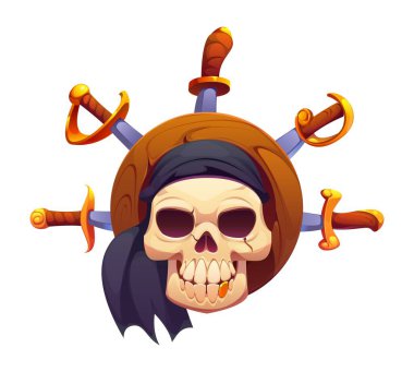 Çizgi film Karayip korsanları oyun ikonu ya da korsan arşivciliği, vektör sembolü. Karayip korsanları, yelkenli bandanasında hançer, dümende kılıç ya da dümende dümen simidi olan hanedan ölü kafatası oyunu oynarlar.