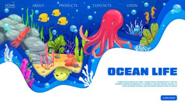 Kağıt, deniz hayvanlarıyla iniş sayfasını kesti. Karikatür ahtapot, mürekkep balığı, kabarcık ve tropikal balıklı vektör web pankartı. Okyanusta mercan resifleri ve deniz yosunu bitkileri olan karton kesimli sualtı manzarası.