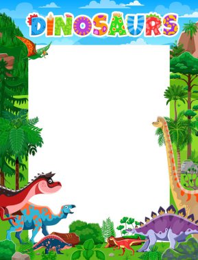 Dinozor karakterleri posteri. Orman çerçevesinde tarih öncesinden kalma komik bir dinozor çizgi filmi. Eski sürüngenler, tropikal yapraklar, palmiye ağaçları ve boş bir uzayın etrafındaki eğreltiotu ile vektör dikdörtgen sınır