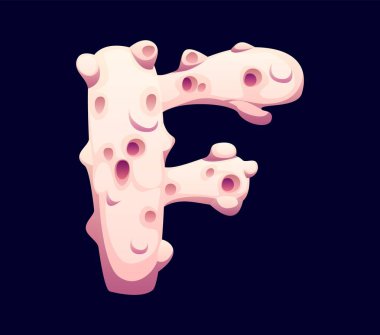 Sahildeki deniz kabuğu yazı tipi F. Okyanus kabuğu İngiliz alfabe sembolü, sualtı yumuşakça kabuk kabuk vektör elementi. Deniz kabuğu yazı tipi işareti ya da çocuk ABC yazı tipi harfi