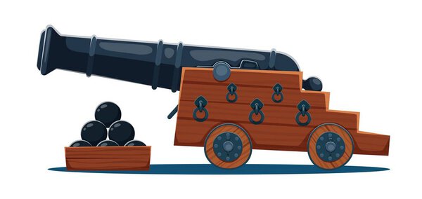 Cartoon cannon pirate weapon of war with stacked cannonballs in a wooden crate, mounted on wooden carriage with iron rings and wheels. Vector ancient gun for naval warfare, game or historical battles