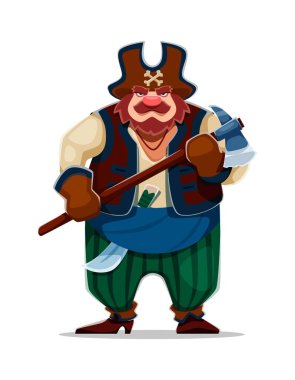 Çizgi film korsanı ve gemi mürettebatı karakterinin elinde balta, macera ve cesaret hissi var. İzole vektör bataklık, gezgin ya da denizci maceraperest korsan hikayelerinin ruhunu yakalıyor.