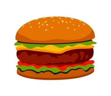 Fast food burger retro Y2K çıkartması ya da etiket. Cafe BBQ menüsünde 2000 'lerin vektör çıkartması, fast food restoran etiketi. Köfteli hamburger, et, peynir ve salata sokak yemekhanesi.