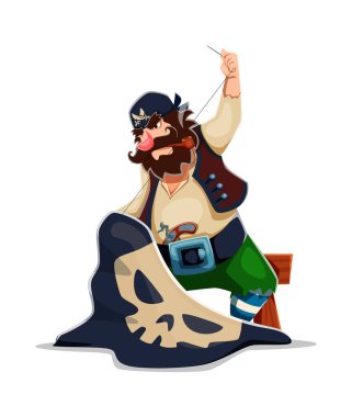 Çizgi film korsanı, gemi mürettebatı karakteri taburede oturmuş kararlı ve odaklanmış bir ifadeyle siyah kafatası bayrağı dikiyor. Geleneksel kıyafetleri olan ve pipo içen bir korsan.