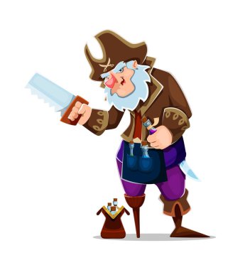 Tahta bacaklı ve sakallı, elinde testere ve iksir şişeleriyle engebeli giyinmiş karikatür korsan gemi mürettebatı karakteri. Fantezi macera oyunları için vektör doktor Corsair kişiliği