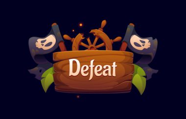 Korsan ve korsan oyun çerçeve simgesini ve UI değerini alt et, çizgi film vektörü. Atari oyunu GUI varlığının korsan gemi miğferi ve korsan gemisi Jolly Roger kafatası bayraklarıyla yenme rozeti