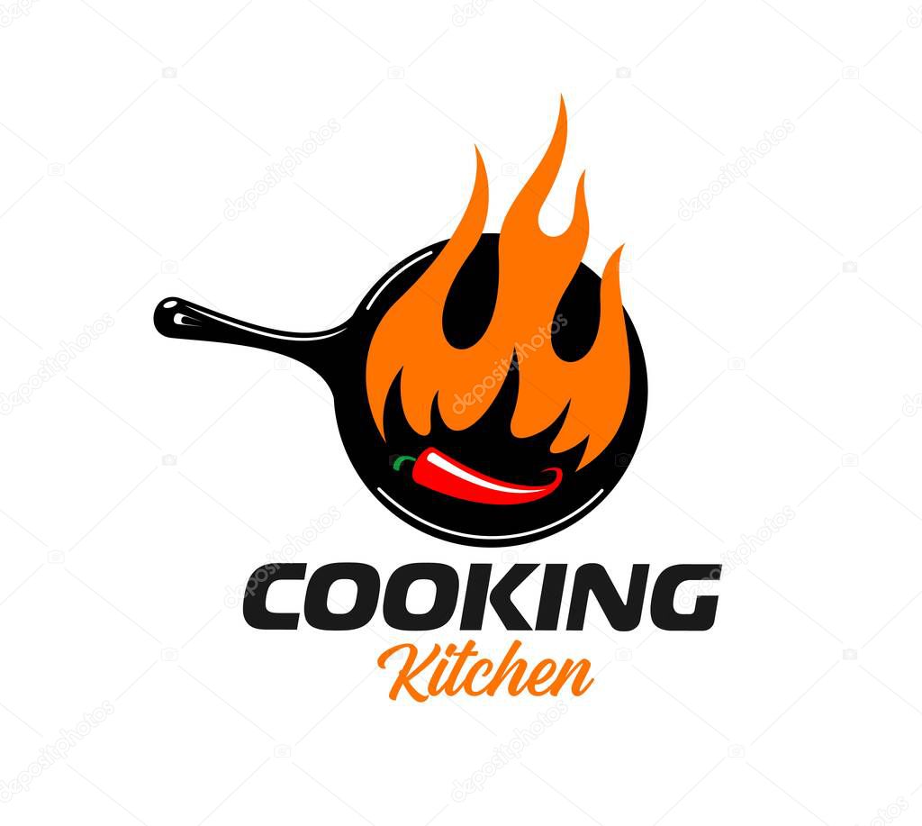 Cook pan icon for cuisine restaurant or kitchen cooking and BBQ bar, vector emblem. Frying pan or skillet icon with chili pepper and fire flames for grill bar, cooking school or kitchen chef food menu