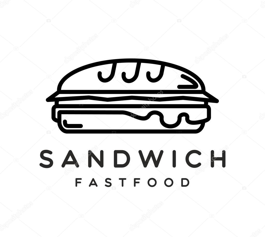 Sandwich icon of bun panini with meat and cheese for fast food menu, vector line symbol. Sandwich outline icon or cheeseburger and BBQ burger or hamburger snack for restaurant or food court bar menu