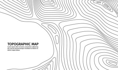 Rahatlama topoğrafik harita şebekesi. Siyah eğri çizgileri olan vektör soyut topoğrafik düzen, haritacılık veya coğrafi eğitim için coğrafi arazi yapısı yüksekliğini temsil eder