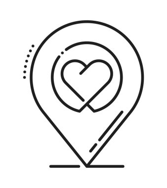 Seyahat güzergahı konum çizgisi simgesi ya da işareti. Navigasyon ana hatlı vektör piktogramı, konum işareti ince çizgi işareti. Yön iğnesi ya da noktasal simge veya favori kalp işaretli sembol