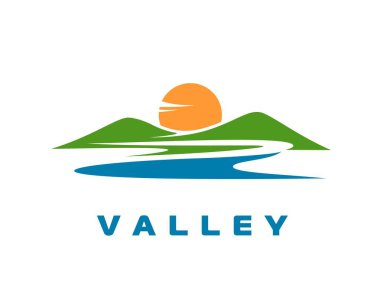 Dağ nehri vadisi ikonu. Yeşil tepeler, akan mavi bir nehir ve yükselen sarı bir güneş. Doğal alp manzarası, doğa, sükunet ve eko turizmi sembolize eden vektör rozeti veya amblemi