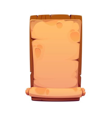 Korsan tabela, çerçeve ve aile simgesi. Çizgi film vektörü dikey parşömeni, ahşap bir tahtada kıvrılmış kenarı olan eski parşömen. Fantezi oyunları, antik mesajlar veya macera haritaları için şablon